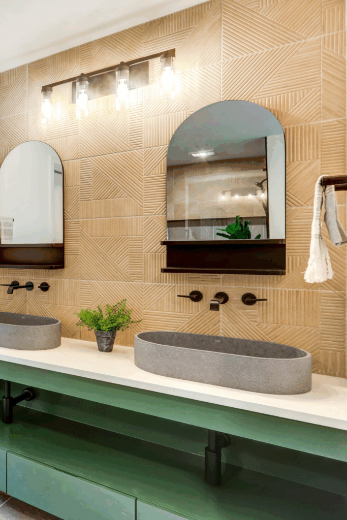 Rustic Modern Dual Sink Master Bathroom - Emerald Green Floating Cabinets - Bamboo Backsplash